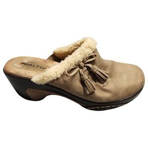 Rialto Mules Clogs Womens Size 6 Taupe Suede Fleece Lining Bow Tassel Slip-On‎